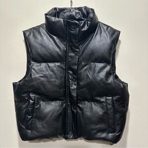 Faux Leather Black Puffer Vest Size XL Women's Full Zip Pockets Mock Neck New